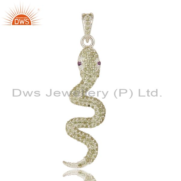 Peridot and amethyst gemstone cluster snake design pendant in sterling silver