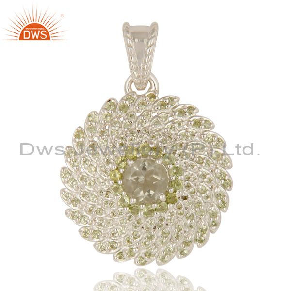 Designer sterling silver green amethyst and peridot floral cluster pendant