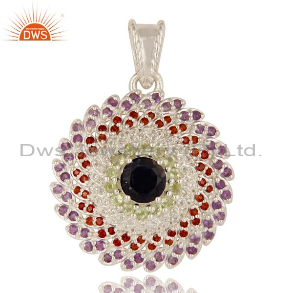 Designer multi color gemstone sterling silver floral style cluster pendant