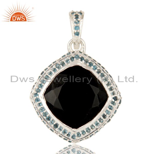 925 sterling silver black onyx cushion cut and blue topaz gemstone pendant