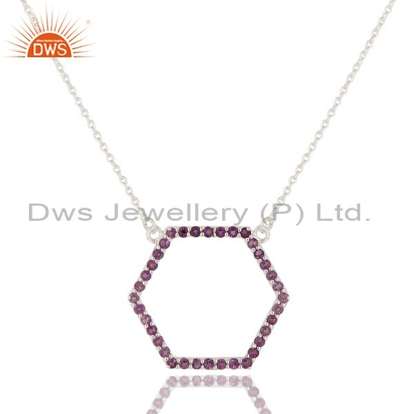 925 sterling silver amethyst gemstone open hexagon pendant chain necklace