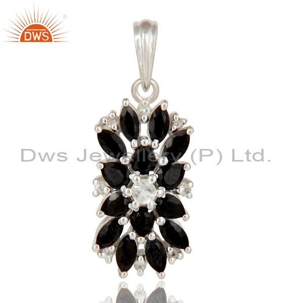 925 sterling silver natural black onyx and white topaz gemstone cluster pendant