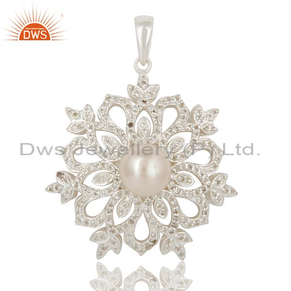 Pearl and white topaz sterling silver designer flower pendant fine jewelry