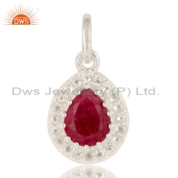 925 sterling silver red corundum and white topaz gemstone drop pendant