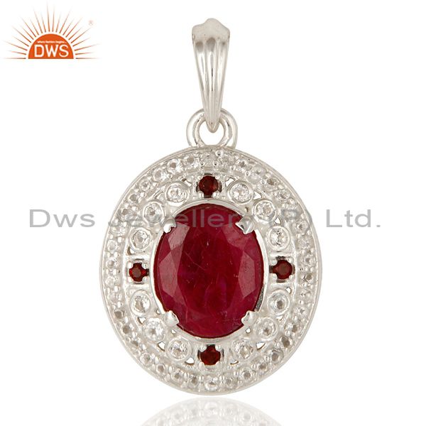 925 sterling silver ruby corundum, garnet and white topaz gemstone pendant
