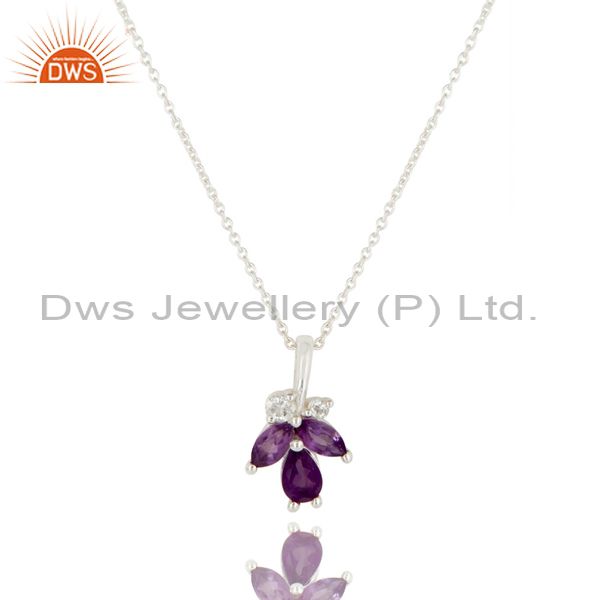 Amethyst and white topaz natural gemstone sterling silver pendant with chain