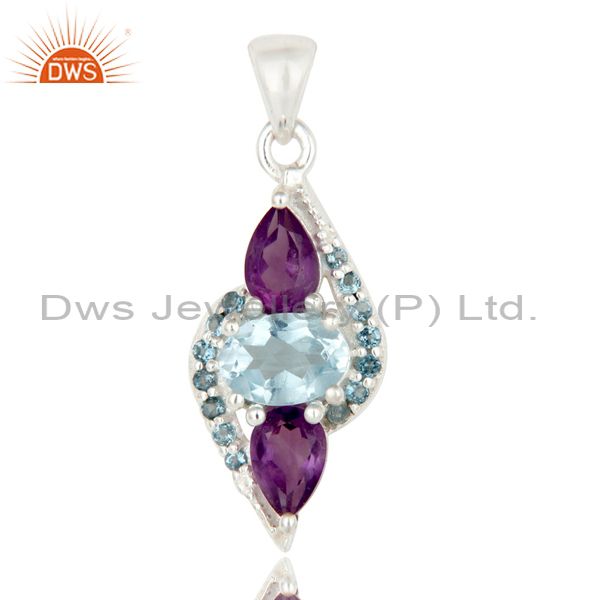 Natural amethyst and blue topaz sterling silver fine gemstone pendant jewelry