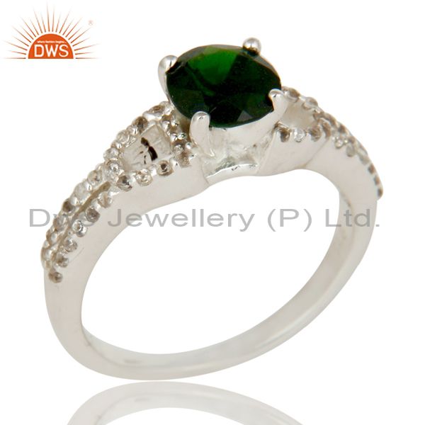 925 Sterling Silver Diopside Chrome And White Topaz Halo Style Ring