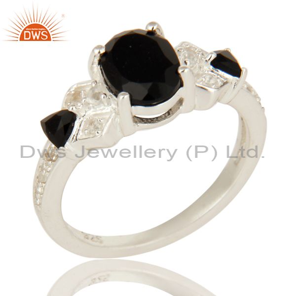 925 Sterling Silver Black Onyx And White Topaz Cluster Ring