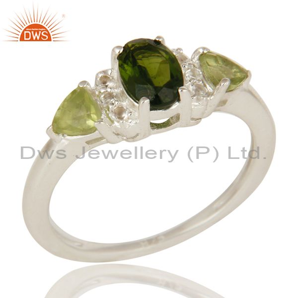 Natural Chrome Diopside And Peridot Sterling Silver Ring With White Topaz