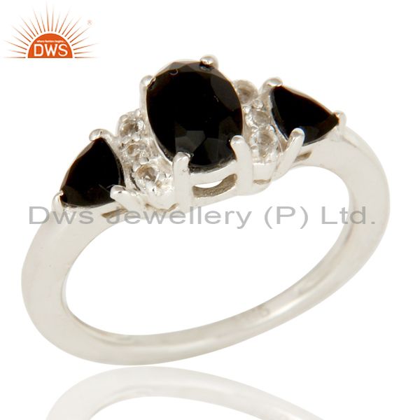 Black Onyx And White Topaz Solitaire Three Stone Ring Made In Sterling Silver