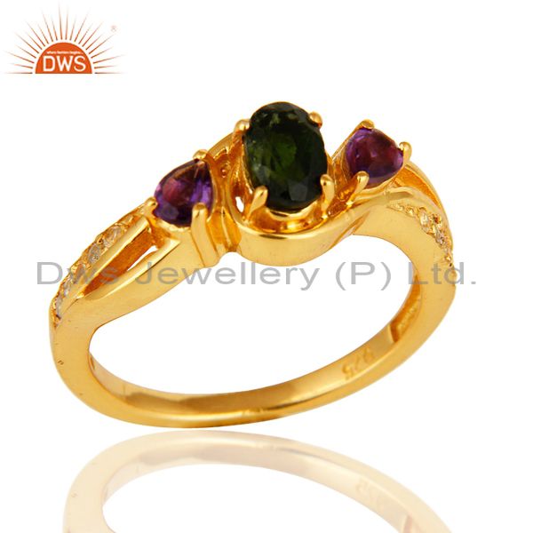 Chrome Diopside, Amethyst And Round White Topaz 14K GOld On Sterling Silver Ring
