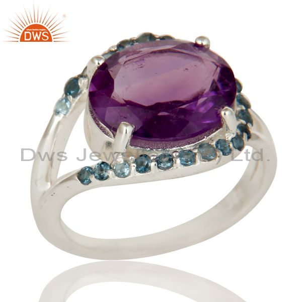 Amethyst and Blue Topaz Gemstone 925 Sterling Silver Solitaire Ring