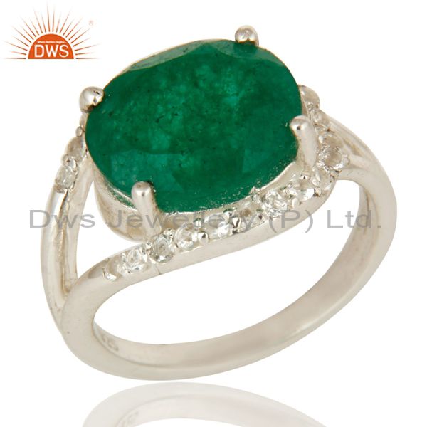 925 Sterling Silver Emerald Green Corundum And White Topaz Split Shank Ring