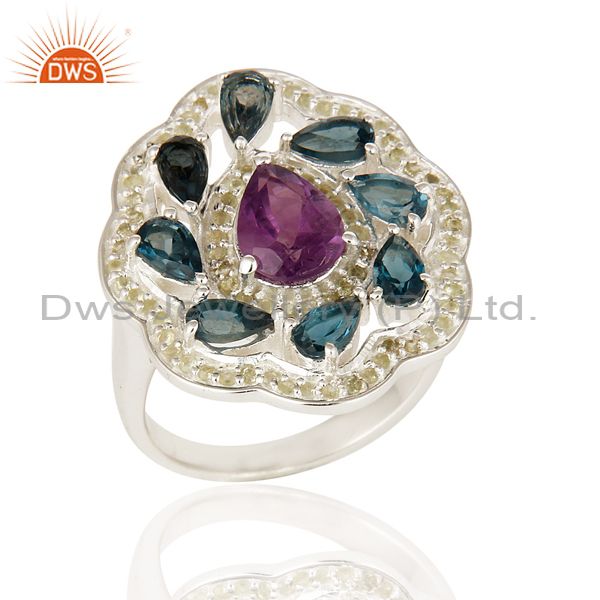 Natural Amethyst And Blue Topaz 925 Sterling Silver Cocktail Ring With Peridot