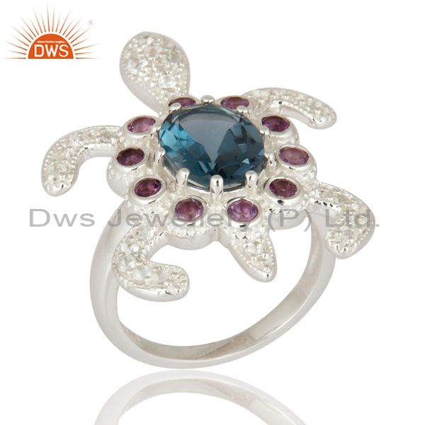 Sterling Silver Amethyst & London Blue Topaz Tortoise Design Fine Gemstone Ring