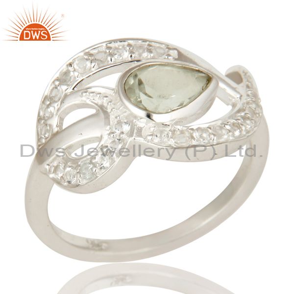 Designer Sterling Silver Green Amethyst And White Topaz Gemstone Dome Ring