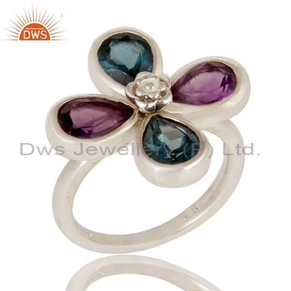925 Sterling Silver London Blue Topaz And Amethyst Flower Cocktail Ring