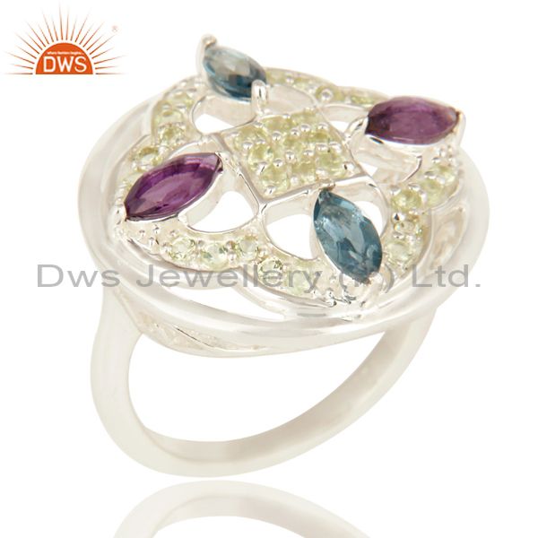 Amethyst, Peridot And Blue Topaz Sterling Silver Cluster Cocktail Ring