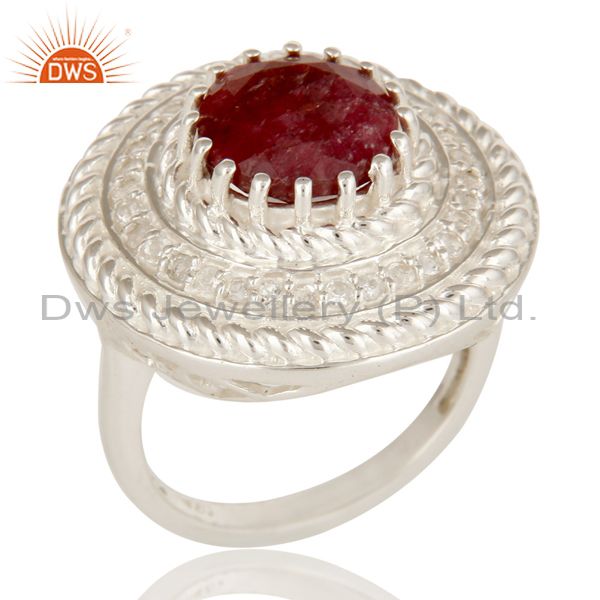 925 Sterling Silver Dyed Ruby And White Topaz Gemstone Cocktail Ring