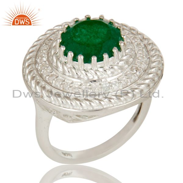 Green Aventurine And White Topaz Sterling Silver Cluster Cocktail Fashion Ring