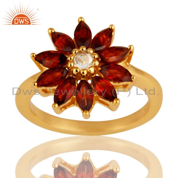 14K Yellow Gold Plated Sterling Silver Garnet & White Topaz Floral Cocktail Ring