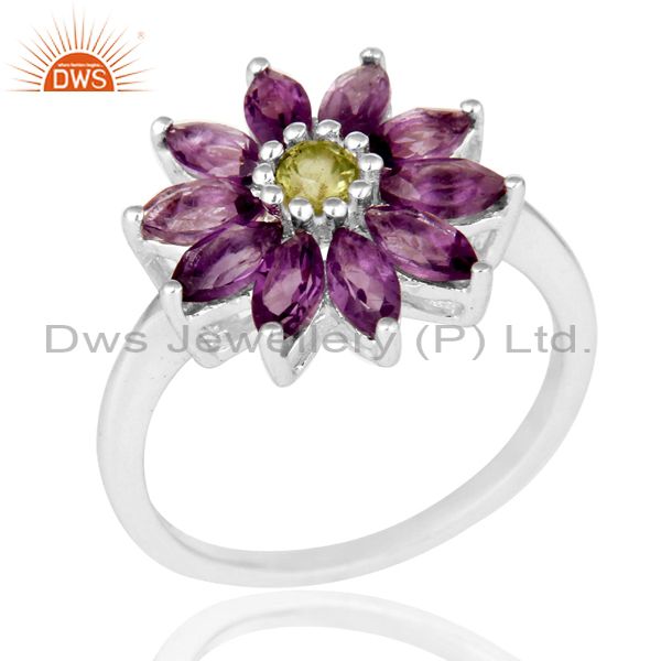 925 Sterling Silver Amethyst And Peridot Gemstone Flower Cocktail Ring