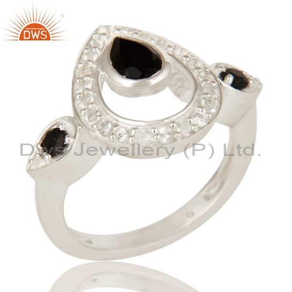 925 Sterling Silver White Topaz And Black Onyx Gemstone Ring