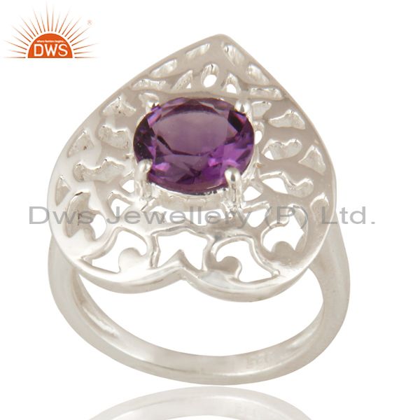 Natural Amethyst Round Cut Gemstone Sterling Silver Heart Design Cocktail Ring