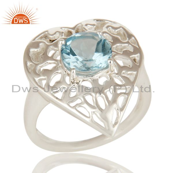 High Polish Sterling Silver Blue Topaz Gemstone Heart Design Cocktail Ring