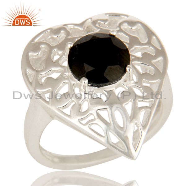 Natural Black Onyx High Quality Sterling Silver Heart Design Cocktail Ring
