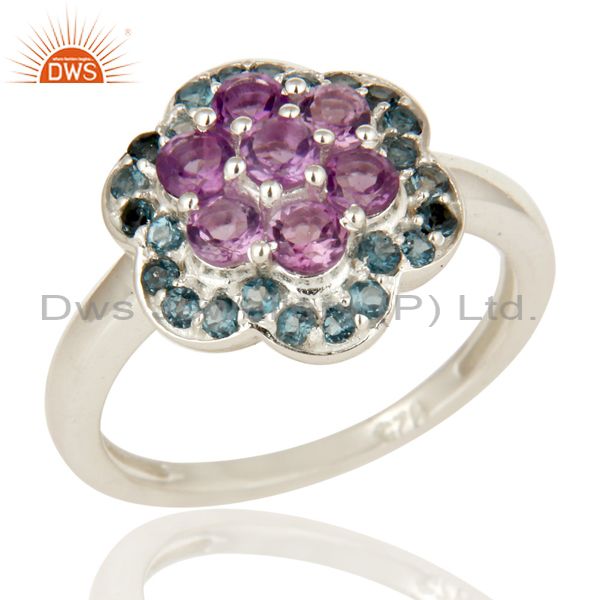 925 Sterling Silver Amethyst And Blue Topaz Gemstone Cluster Cocktail Ring