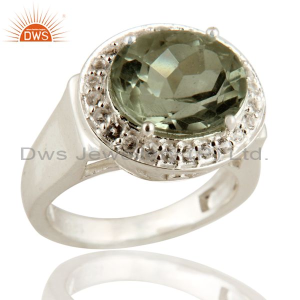 925 Sterling Silver Genuine Green Amethyst & White Topaz Cocktail Ring