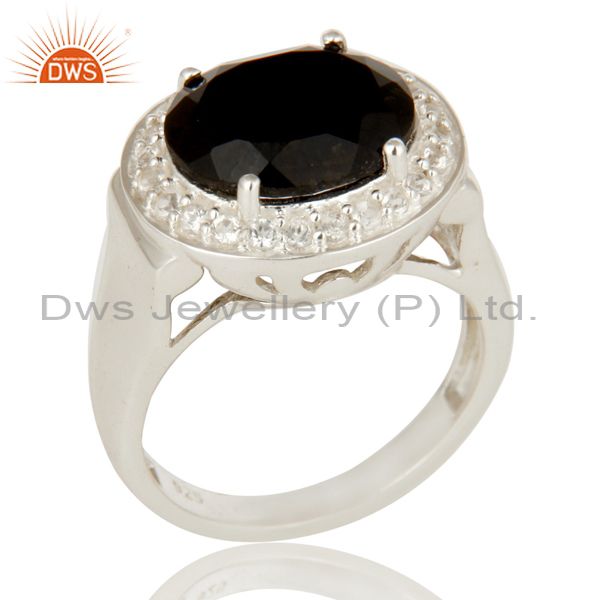 925 Sterling Silver Prong Set Black Onyx And White Topaz Cocktail Ring