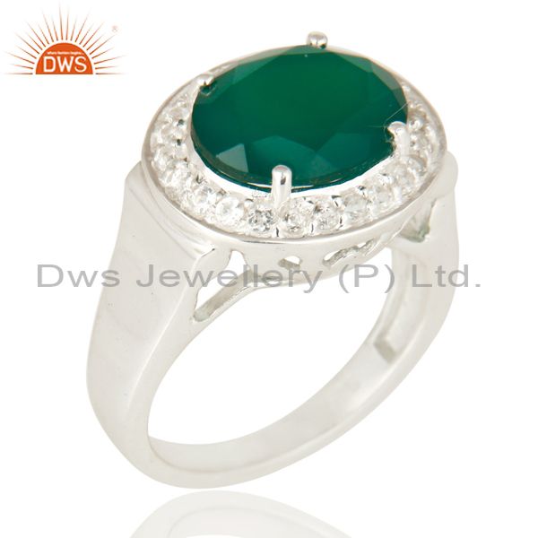 925 Sterling Silver Green Onyx And White Topaz Solitaire Ring