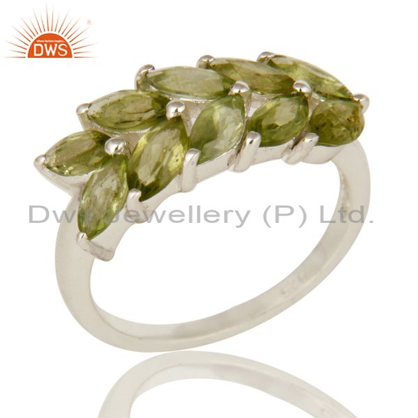 925 Sterling Silver Natural Peridot Gemstone Marquise Cluster Ring