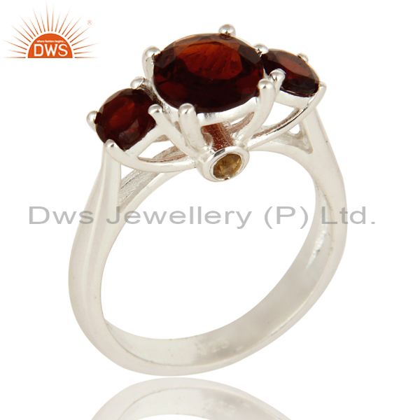 Natural Garnet And Citrine Gemstone Sterling Silver Solitaire Ring
