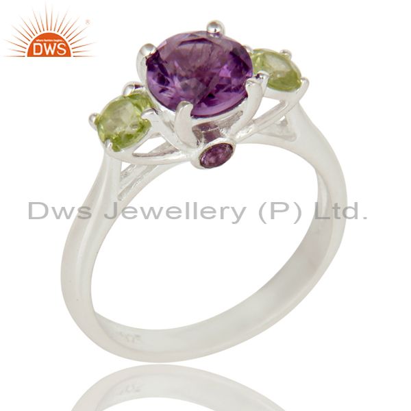 925 Sterling Silver Amethyst And Peridot Three Gemstone Cluster Ring
