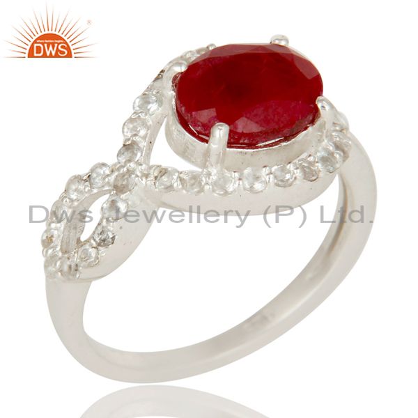 925 Sterling Silver Ruby And White Topaz Prong Set Gemstone Designer Ring