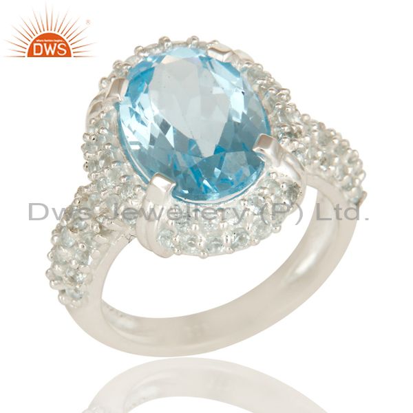 925 Sterling Silver Natural Sky Blue Topaz Gemstone Solitaire Halo Ring