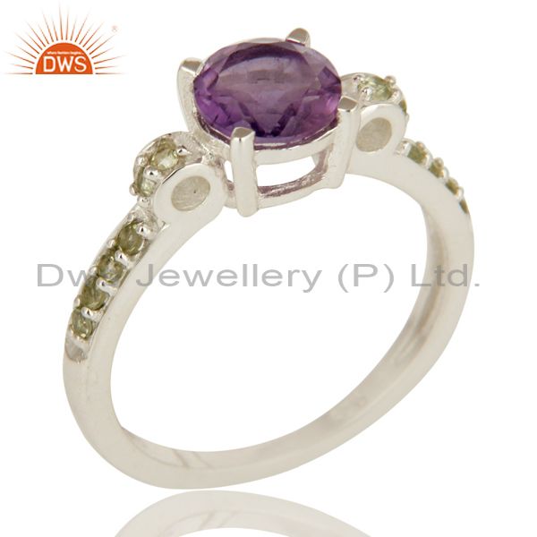 925 Sterling Silver Amethyst And Peridot Gemstone Round Cut Cluster Ring