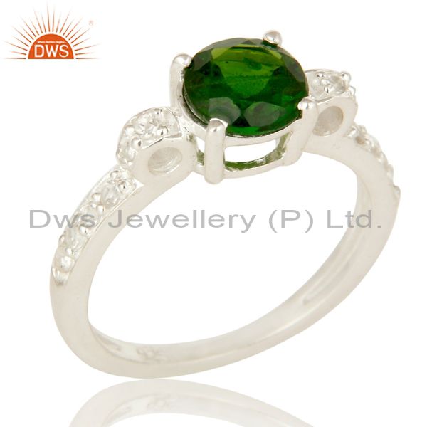 925 Sterling Silver Chrome Diopside Round Cut White Topaz Gemstone Halo Ring