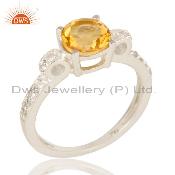 Natural Citrine And White Topaz 925 Sterling Silver Halo Inspired Solitaire Ring