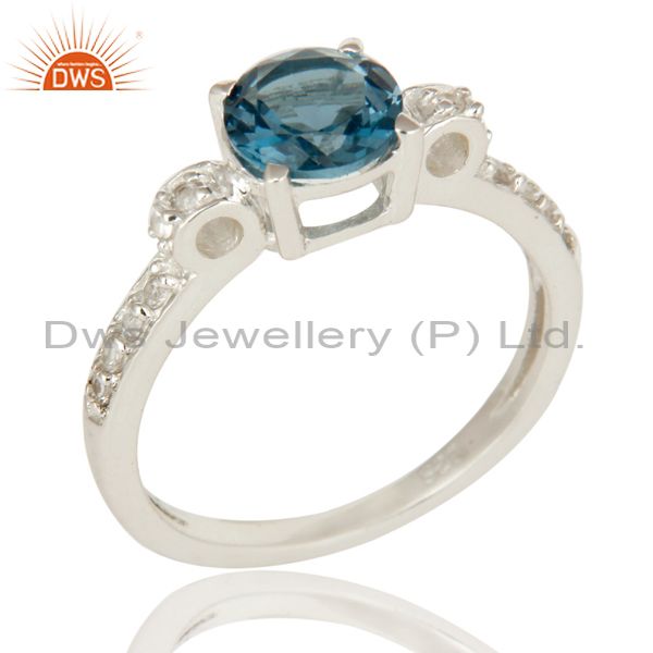 Modern Halo Blue Topaz And White Topaz Solitaire Ring in 925 Sterling Silver