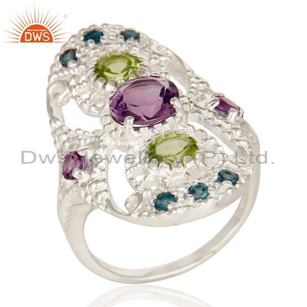 925 Sterling Silver Amethyst, Blue Topaz And Peridot Cluster Statement Ring