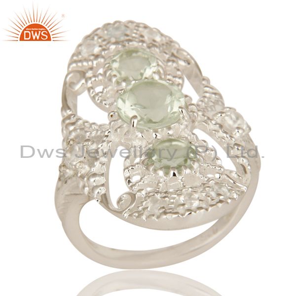 925 Sterling Silver Green Amethyst And White Topaz Statement Ring