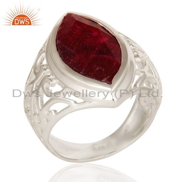925 Sterling Silver Red Ruby Corundum Gemstone Marquise Cut Statement Ring