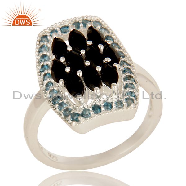 925 Sterling Silver London Blue Topaz And Black Onyx Cluster Statement Ring