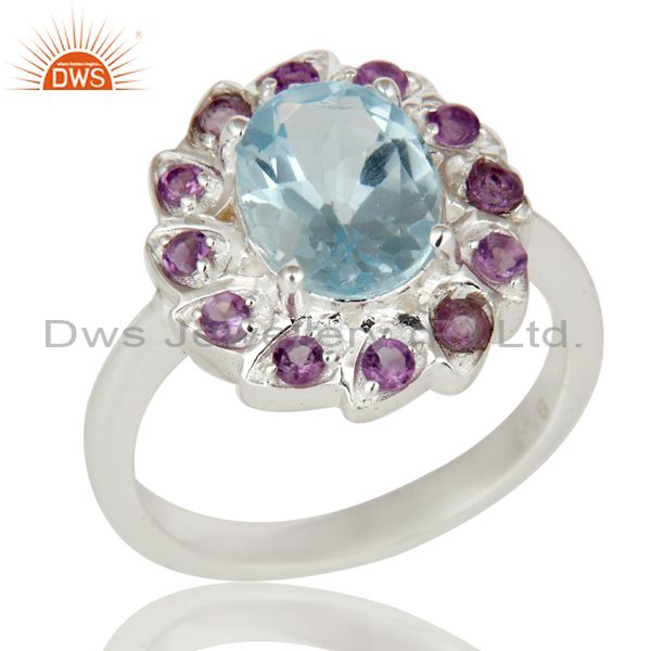 Natural Purple Amethyst And Blue Topaz Sterling Silver Cocktail Ring