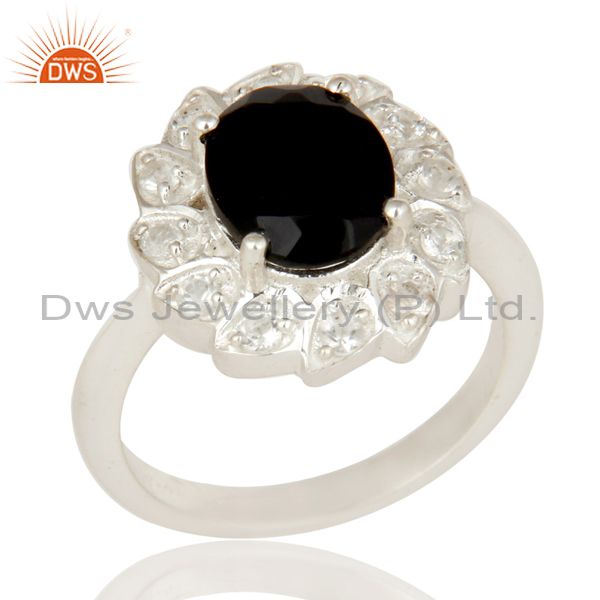 925 Sterling Silver Black Onyx And White Topaz Designer Statement Ring